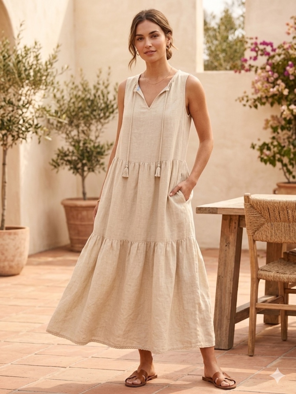 J. McLaughlin Christa Linen Blend Lightweight Boho Tiered Maxi Shift Dress Sz M